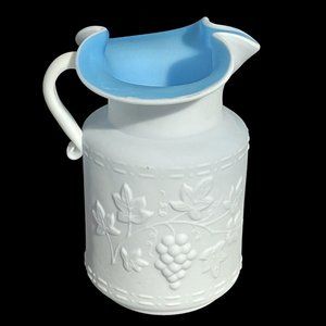 Vintage 1960s Kanawha Satin Cased Blue/White Milk Glass Pitcher Grape Pattern